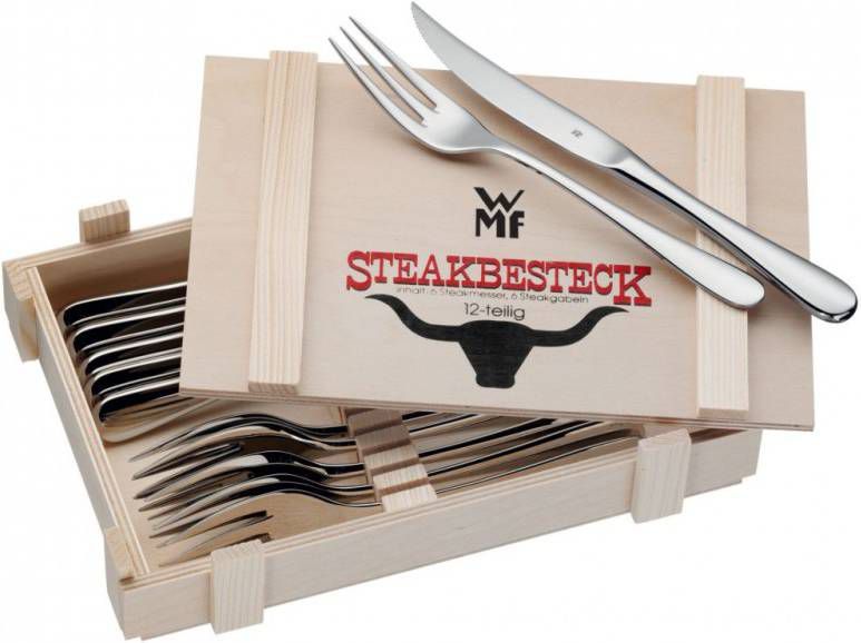 Liever Ironisch Ooit WMF Steakbestek Roestvrij Cromargan® edelstaal 18/10, inclusief houten  kist(set, 12 delig ) - Bestek.shop